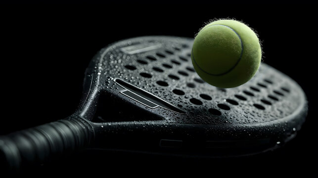 Dramatic studio photograph of a padel racket with a vibrant green ball floating above it, showcasing dynamic movement and energy in a striking black background