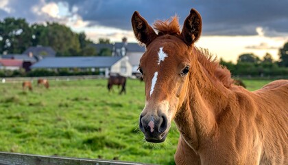 Obraz premium A young foal, head and shoulders, stands alert in a pasture, its reddish-brown coat highlighted by a distinctive white blaze.