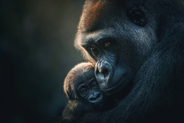 Obraz premium Mother Gorilla Cradles Her Infant with Tenderness and Love in the Jungle