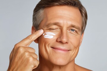 Mature man applying facial cream with a confident expression showcasing self-care routines embracing wellness and aging gracefully in a contemporary skincare setting