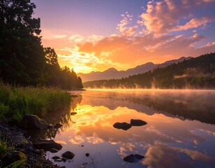 A serene lake scene at sunrise, reflecting a vibrant sky full of warm colors, with lush greenery and tranquil mountains in the background.