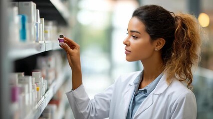 A young woman pharmacist examines a medicine bottle in a well lit pharmacy, demonstrating professionalism and attention to detail. The scene highlights healthcare, trust, and pharmaceutical expertise