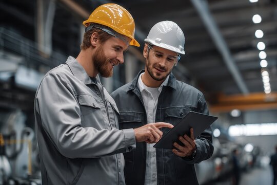 Collaboration between two industrial engineers on factory digitalization strategy in a manufacturing facility