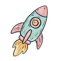Cute cosmic rocket in pastel colors. Hand-drawn doodle illustration in whimsical, magical style. Perfect for posters, stickers, cards, kids design, and creative projects.
