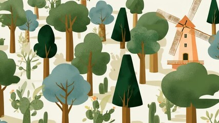 Cute stylized illustration of a forest with trees, cactuses, and a windmill - Powered by Adobe