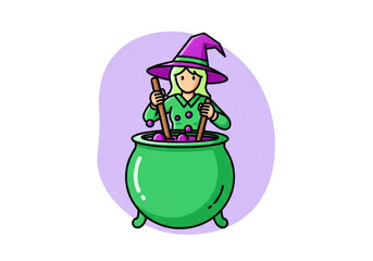 Cute Cartoon Witch Stirring a Green Cauldron with Purple Potion, Whimsical Halloween Fantasy Character Illustration in Animated Style. Transparent PNG Image