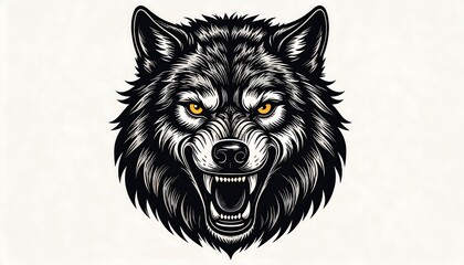 Intense, graphic wolf head design features bold lines and fierce expression.