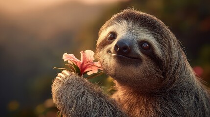 Fototapeta premium Smiling Sloth Smelling a Flower in Natural Light