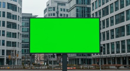 Obraz premium Large Green Billboard in Urban Setting, Surrounded by Modern Buildings, Mockup Display.