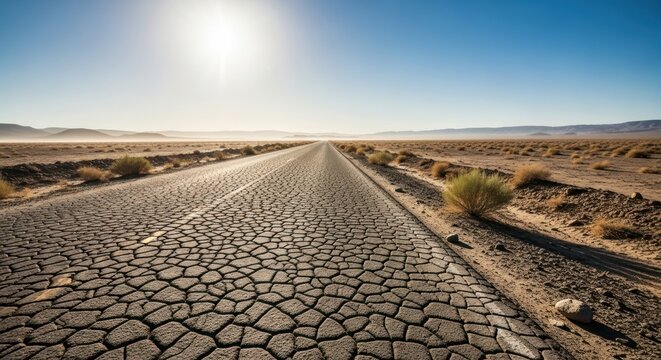 Cracked desert road stretching into the distance under a bright sun and clear blue sky