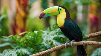 Fototapeta premium Colorful Toucan Bird Perched on Branch in Lush Green Environment