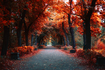 Autumn alley with vibrant red and orange leaves creating a tunnel effect ideal for seasonal backgrounds and travel inspiration