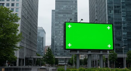 Obraz premium Green Screen Billboard in Modern Cityscape, Surrounded by Skyscrapers, Advertising Space.