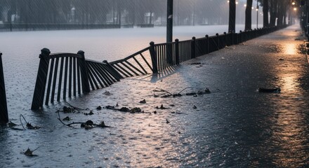 Submerged walkway with damaged fence highlights flood's overwhelming presence near river