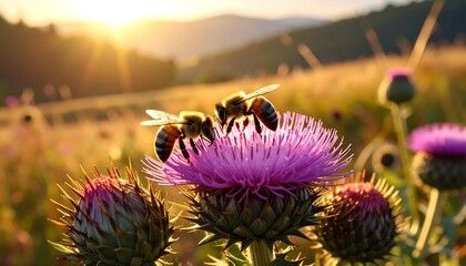 Two honeybees on a vibrant purple thistle flower at sunrise, bathed in golden light.