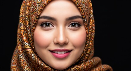 Portrait of a serene young woman wearing a beautifully patterned hijab with a neutral background