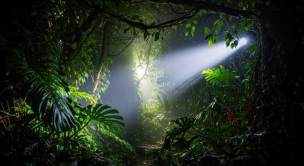 Mystical jungle landscape bathed in ethereal light creates a sense of wonder and adventure