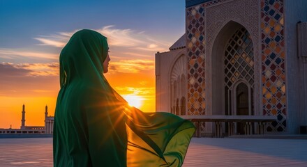 Serene contemplation: A woman in hijab at sunset near a majestic mosque evokes tranquility