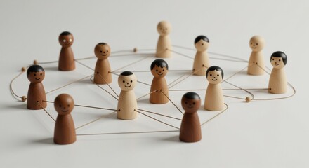 Diverse Wooden Peg Dolls Connected in a Network, Symbolizing Global Community, Social Bonds, and Collaboration.