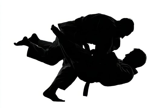 Dynamic jujitsu and judo wrestlers executing a grappling move in a competitive arena setting during a martial arts tournament