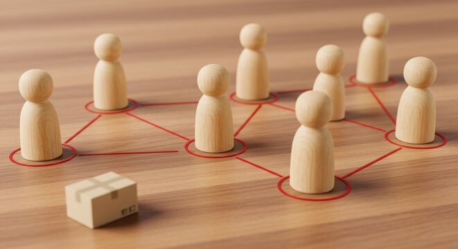 Conceptual Wooden Peg Doll Network with Red Lines, Isolated Block on Wood Surface. - Powered by Adobe
