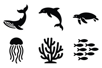 Fototapeta premium Ocean life silhouettes six marine animals and plants underwater creatures collection