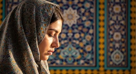 Serene contemplation a woman in traditional headscarf against an ornate tile background