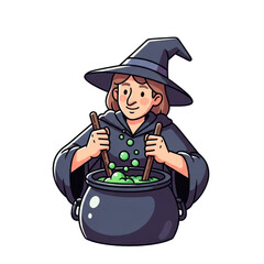 Friendly Cartoon Witch Stirring Bubbling Green Potion in a Cauldron for Halloween Illustration. Transparent Object PNG