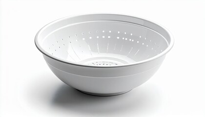 A white plastic colander bowl with many small holes, isolated on a white background.