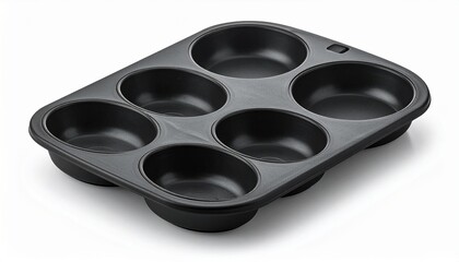 Black non-stick baking pan with six oval molds for muffins or individual desserts, isolated on a white background, ready for culinary use.