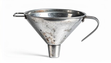 An old, weathered metal funnel with a handle and a small loop, isolated on a clean white background.