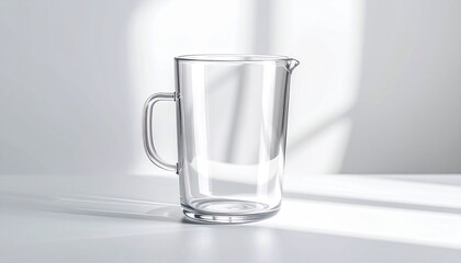 Clear glass pitcher with a handle and spout, sitting on a white surface.