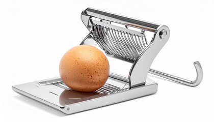 A single brown egg poised in a stainless steel egg slicer with sharp wires, ready to be cut, isolated on a white background.
