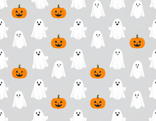 Whimsical Halloween Pattern - Ghosts and Carved Pumpkins on Gray Background.