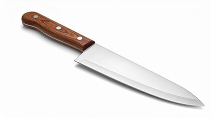 A sharp chef's knife with a wooden handle and a silver blade, isolated on a clean white background.