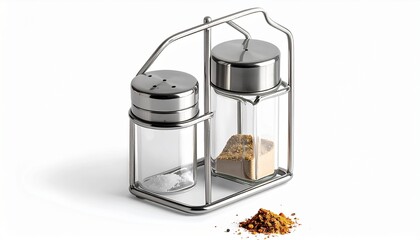 Two glass spice shakers in a sleek metal holder, one for sprinkling and one for scooping, with a pile of brown spice powder on a white background.
