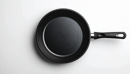 A top-down view of a black non-stick frying pan with a black handle, isolated on a white background.