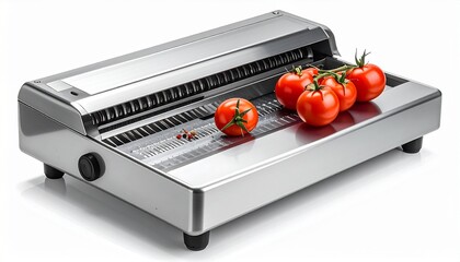 Tomato slicer with tomatoes on a stainless steel surface.