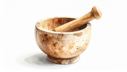 A wooden mortar and pestle, a traditional kitchen tool for grinding spices and herbs, is depicted against a white background.
