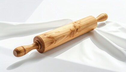 Wooden rolling pin on white fabric background, kitchen utensil.