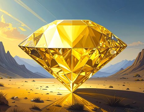 A large, radiant yellow diamond rests majestically on a desert landscape, reflecting the golden light of the setting sun. - Powered by Adobe