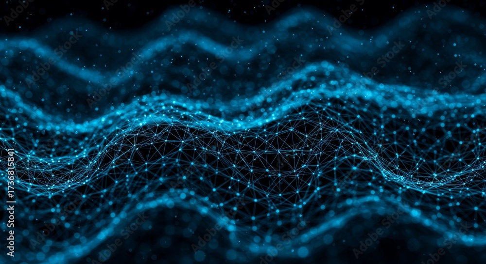 Wall mural abstract blue network - digital waveform of connected dots and lines on black background.