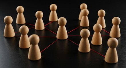 Obraz premium Network of Wooden Pawns Connected by Red Lines on Dark Surface.