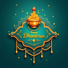 Ornate golden emblem celebrating happy dhanteras festival with traditional motifs