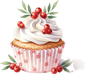A watercolor cupcake with swirling white frosting and red berries adorned with green leaves and presented in a pink polka dot paper liner cream cranberry