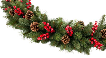 Curved Christmas Garland with Pine Cones, Red Holly Berries, and Evergreen Branches, Ideal for Festive Holiday Decorations on a Transparent Background. PNG Isolated Transparent