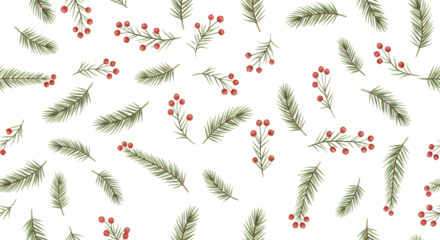 Pine Branches And Red Berries Scattered Across A Transparent Background Creating A Festive Winter Pattern Evergreen Nature Foliage Holiday Christmas Decoration