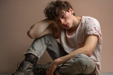 Obraz premium Young man seated against a beige background appears tired and contemplative after a long day, expressing emotion through relaxed body language in a casual outfit