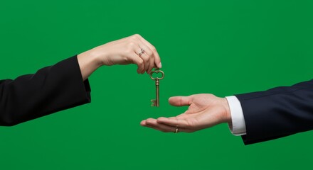 Handing Over Keys - Symbolic Gesture of Ownership, Property Transfer, Green Screen.