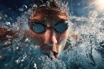 Diving into a vibrant underwater world during a competitive swimming event with a focused swimmer breaking through the surface at midday